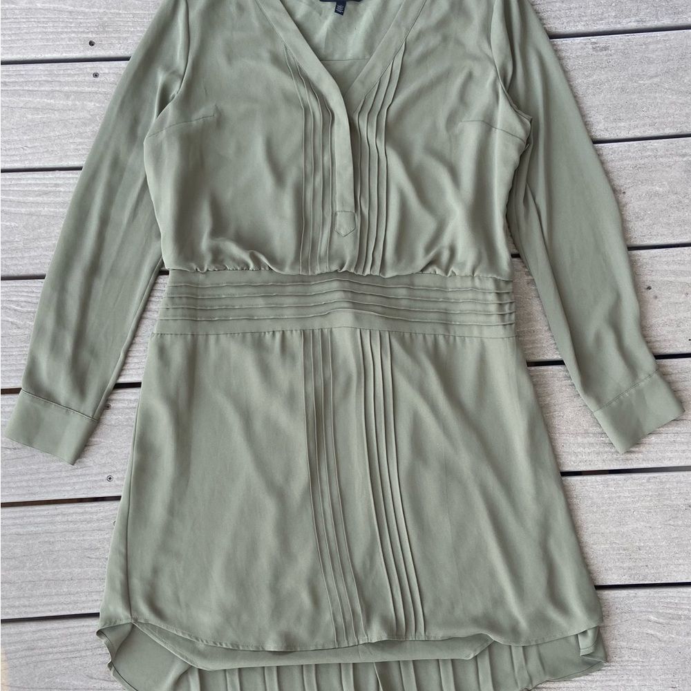 White House Black Market Olive Green Pleated V-Neck Long Sleeve Dress - Picture 16 of 16